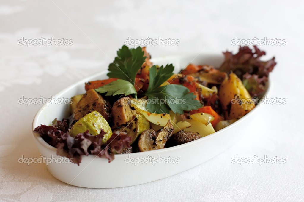 Oriental salad with potatoes, mushrooms, carrots and red salad
