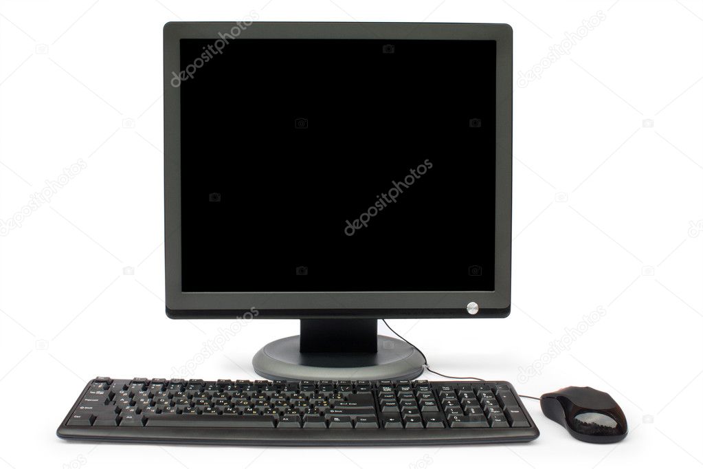black monitor, keyboard and mouse 