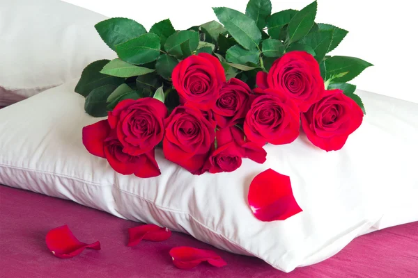 Red roses on a white pillow — Stock Photo, Image