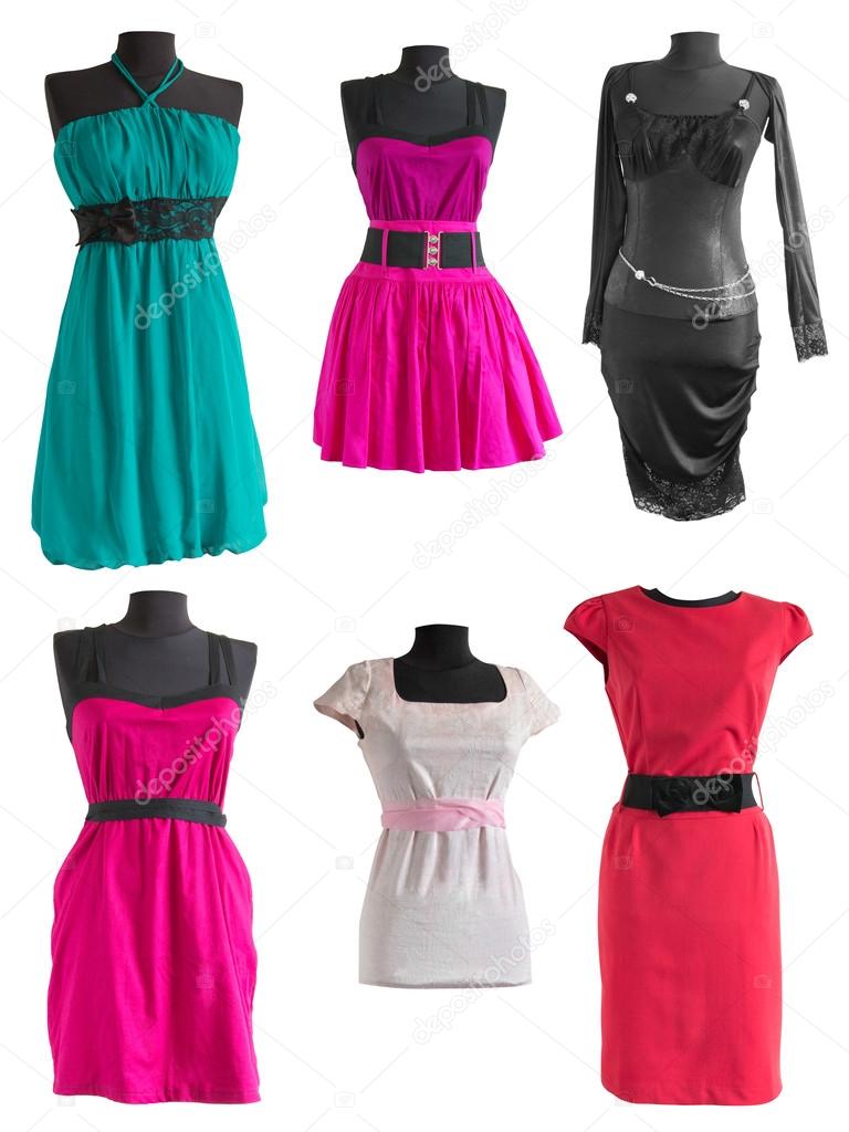 collection of different colorful dress on a mannequin 
