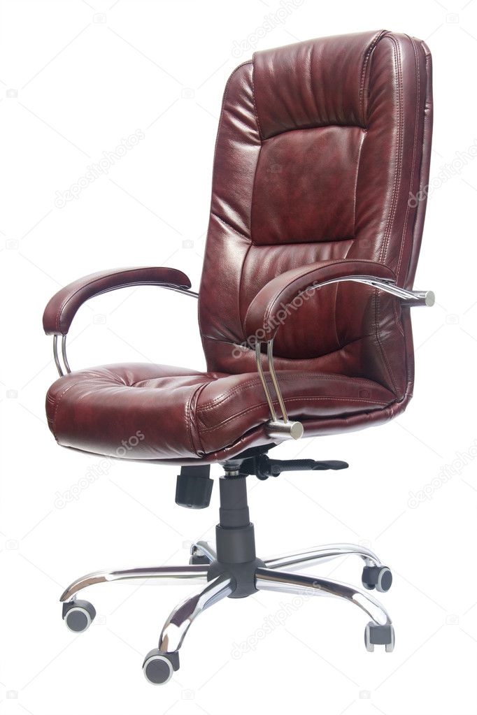 leather upholstered office chair of claret color with trundles 