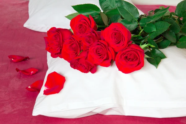 Red roses on a pillow and red sheets — Stock Photo, Image