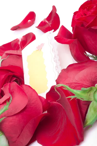 Rose rosse con una carta regalo vuota — Foto Stock