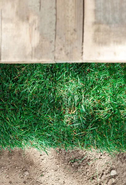 Houten Dais Met Groen Gras Aarde Als Achtergrond — Stockfoto