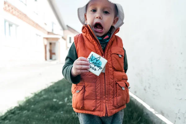 Little Boy Holding Cookies Words Stop War — Stock Photo, Image