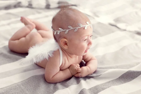 Newborn Baby Girl Laurel Wreath Her Hair White Angel Winds — Stock Photo, Image