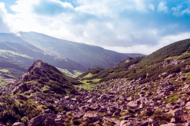 Yeşil dağların arasındaki kayalık dağın tepesinde