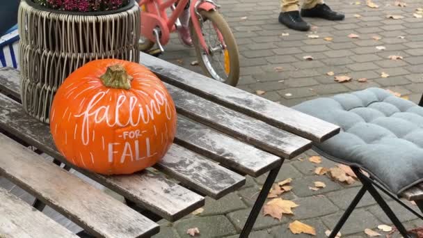 Pretty pumpkin on table in outdoor cafe with people in background — Stock Video