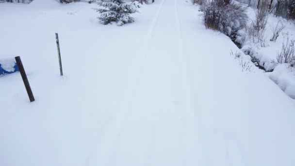 Деревенская дорога покрыта снегом во время снегопада — стоковое видео