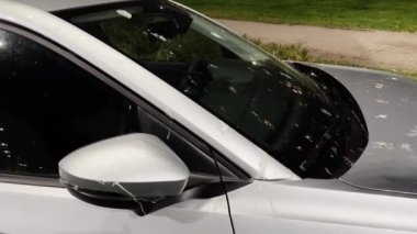 Geceleri parkedilmiş, kuş pisliğine bulanmış bir araba.