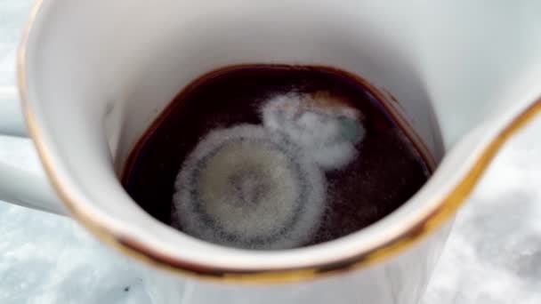 Foda-se. Bebida de chá insalubre e mofado deixada sem vigilância em xícara de pocelana — Vídeo de Stock