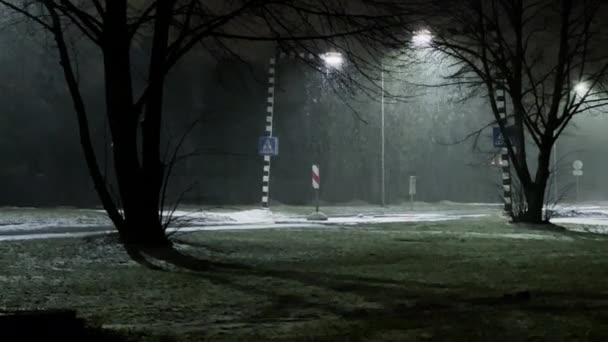 Tempestade pesada e nevasca no bairro da cidade à noite no inverno — Vídeo de Stock