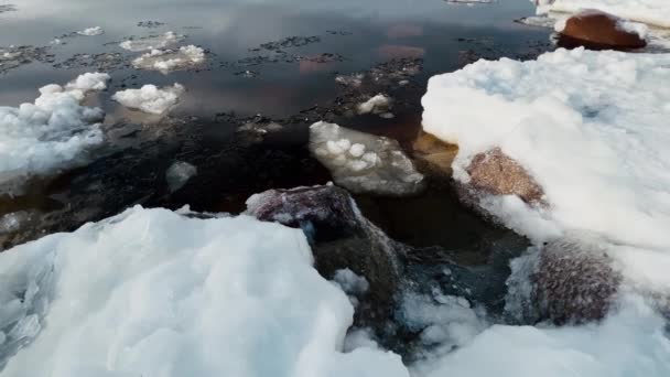 Таяние льдов, движущихся около снежного берега весной — стоковое видео