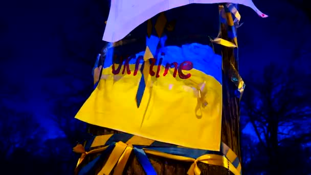 Luces de sirena parpadeando sobre bandera ucraniana atada al árbol por la noche — Vídeo de stock