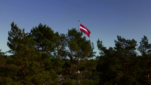 Arka planda otoyol olan ağaçların arkasındaki ulusal Letonya bayrağının görüntülerinin oluşturulması — Stok video