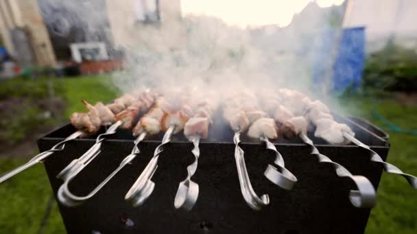 Ultrawide Традиционное Украинское Шашлычное Барбекю Готовится Открытом Воздухе Загородном Доме — стоковое видео