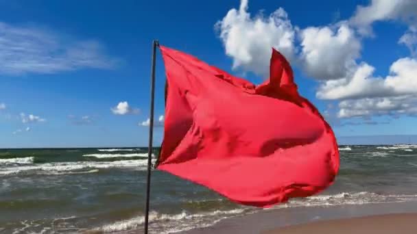 Danger Red Flag Warning Prohibition Swimming Beach Real Time — Vídeos de Stock