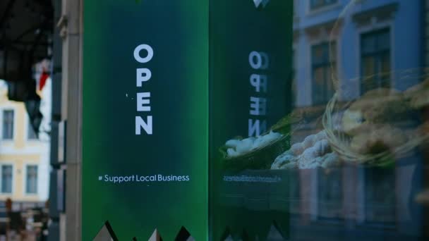 Support Local Business Open Sign Modern City Night Real Time — Stockvideo