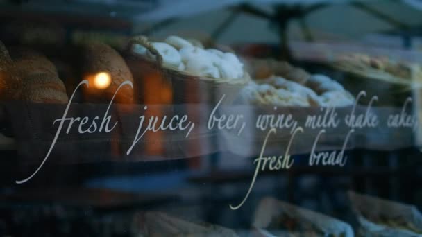 Fresh Beer Food Sign Restaurants Window Night — Vídeo de stock