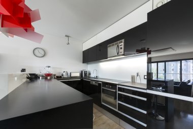 Modern black and white kitchen interior clipart