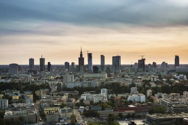 Panorama of Warsaw city, Poland during sundown