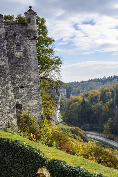 Turm der Burg Pieskowa skala mit herbstlicher Landschaft — Stockfoto