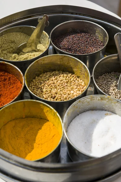 Set of Indian spices in metal bowls — Stock Photo, Image