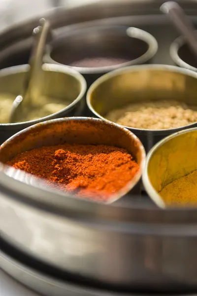 Close-up pf masala spices in metal bowls — Stock Photo, Image