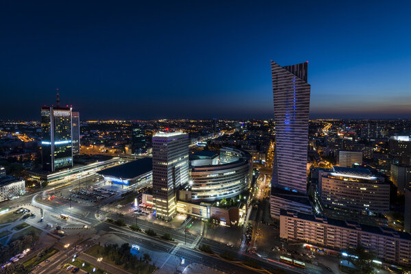 Panorama of Warsaw city center during the night, Poland