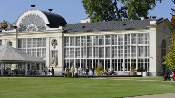 Undefinierte Touristen, die an sonnigen Herbsttagen im Park faulenzen — Stockvideo