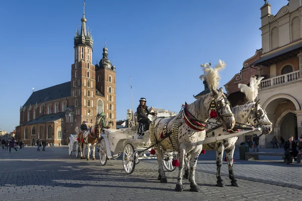 Hansom cab auf dem Altstadtplatz in Krakau, Polen. — Stockfoto