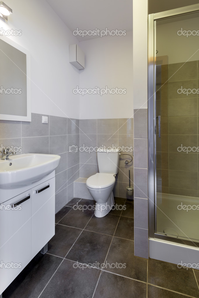 Modernes gefliestes Badezimmer mit Toilette - Stockfotografie