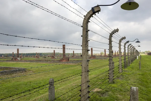 Kolczastym ogrodzeniem z lampa w Auschwitz-Birkenau w Polsce. — Zdjęcie stockowe