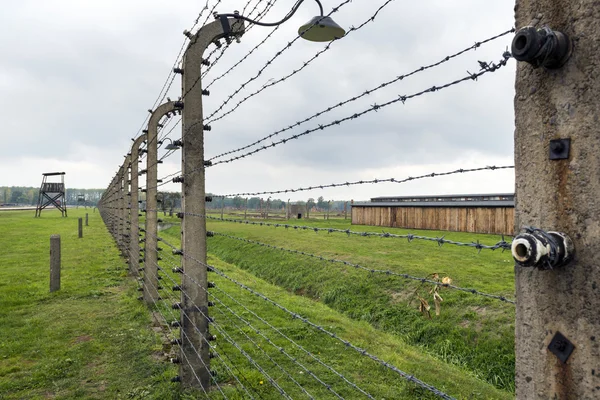 Elektryczne ogrodzenia obozu zagłady auschwitz ii w brzezinka, Polska. — Zdjęcie stockowe