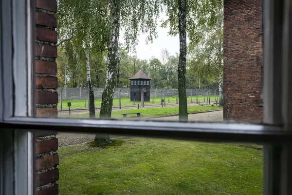 Vista da una finestra nel campo di Auschwitz II, campo di sterminio nazista in Polonia — Foto Stock