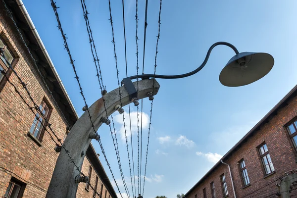 Lampe auf Stacheldraht umschließt das Lager Auschwitz II-Birkenau in Brzezinka, Polen. — Stockfoto