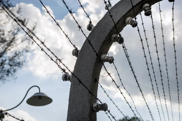 호, 폴란드에서 아우슈비츠 Ii-Birkenau 캠프에서 전기 가시 철사 울타리. 스톡 사진