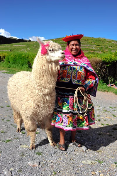 Peruanska kvinnan i traditionell klädsel med lama. — 图库照片