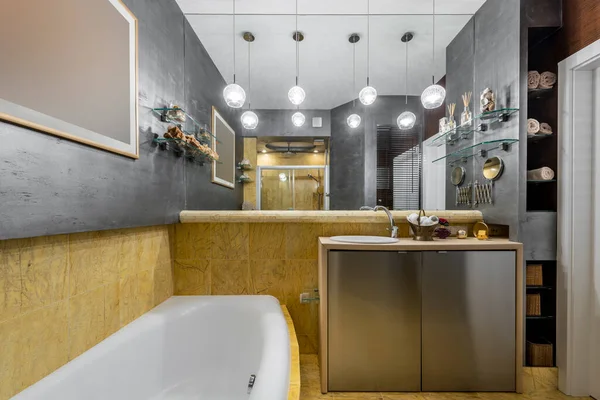 Stylish Expensive Bathroom Interior Design Yellow Marble Finishing — Fotografia de Stock