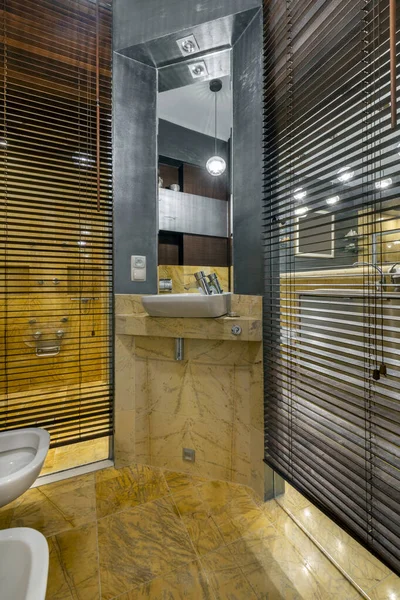 Stylish Expensive Bathroom Interior Design Yellow Marble Finishing — стоковое фото