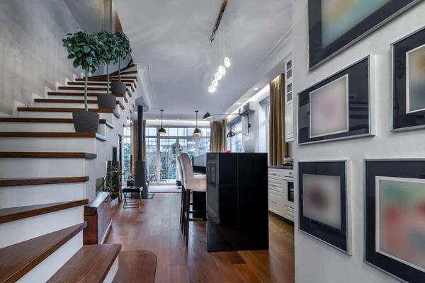 Stylový Design Interiéru Domácího Obývacího Pokoje Dřevěnou Podlahou — Stock fotografie