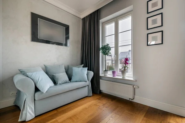 Guest Room Aquamarine Sofa Wooden Floor — Stock Photo, Image