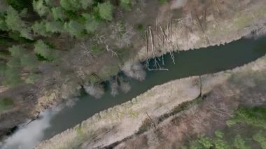 Warmia, kuzey Polonya ve Avrupa 'daki ormandan akan küçük nehrin hava manzarası.