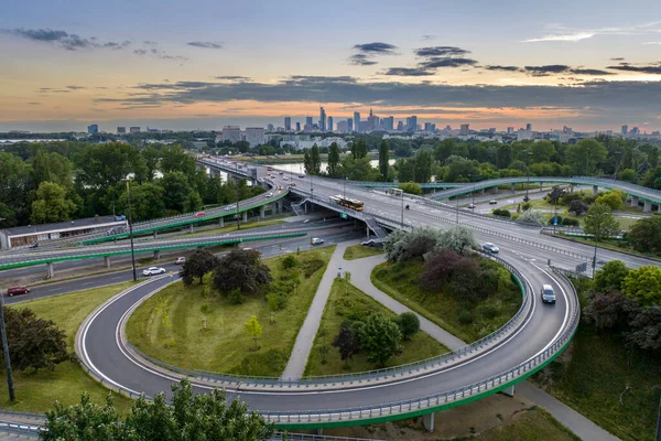 Vista Superior Drone Aéreo Junção Multinível Estrada Área Urbana Povoada — Fotografia de Stock