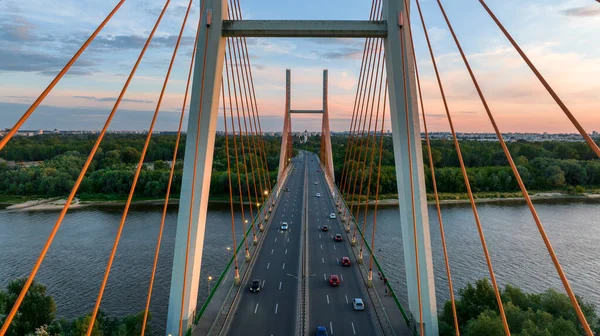 Drone Foto Del Puente Siekierkowski Varsovia Capital Durante Atardecer —  Fotos de Stock