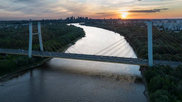 Drone Photo Siekierkowski Bridge Warsaw Capital City Sundown — ストック写真