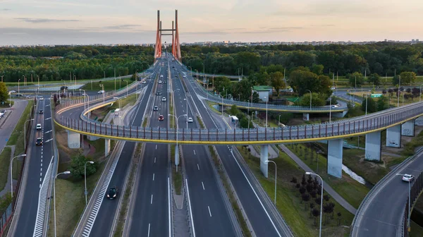 Drone Photo Siekierkowski Bridge Warsaw Capital City Sundown — Foto Stock