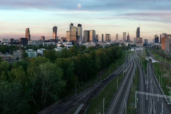 Aerial Panorama Warsaw City Sunset View Warsaw West Train Station — Stockfoto