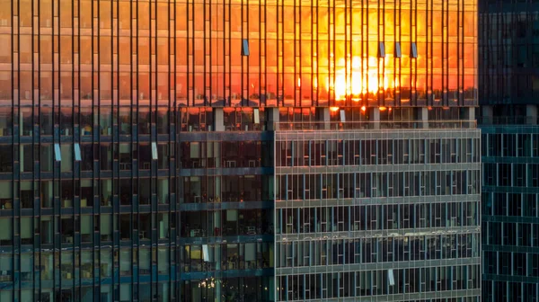 Business Skyscrapers Sunset Reflected Windows Warsaw Poland — Zdjęcie stockowe