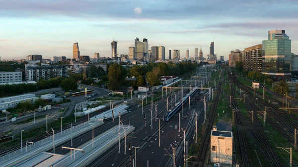 Aerial Panorama Warsaw City Sunset View Warsaw West Train Station — Stock fotografie